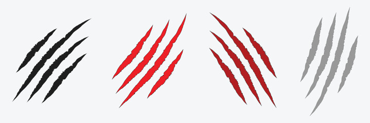 Animal claw scratches and marks. Set. Black and red bloody silhouettes and outline. Icon, flat. Vector isolated on white background. Scratches from a cat, tiger, lion, dog, jaguar, bear, puma . © Micro  Vector Market