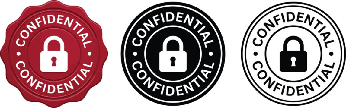 Confidential Stamp and Wax Seal Set with Padlock Icons - Red, Black, and Outline Circular Vector Badges