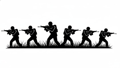 Obraz premium Silhouette of Soldiers Advancing with Rifles in Grass