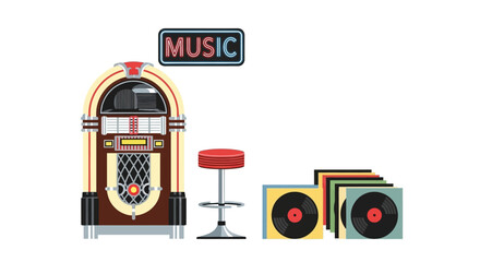 Naklejka premium Retro Jukebox, Bar Stool, and Vinyl Records - Vintage Music Nostalgia
