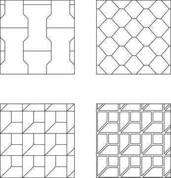 High quality low poly vector graphic compilation showing orthogonal square paving tile pattern frameworks and abstract parallel line art textures for modern classic backgrounds