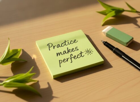 Sticky note with 'Practice makes perfect' message on wooden desk with pen and eraser in sunlight