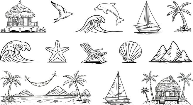 Hand-drawn tropical beach and ocean elements with hut and sailboat. beach, tropical