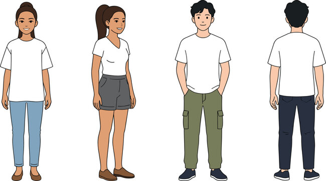 Casual Men and Women Character Collection Featuring Front Side and Back Views in Everyday Clothing Vector Illustration Set