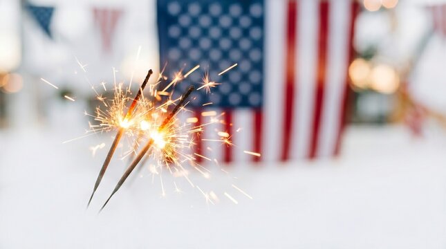 Closeup of sparklers burning with american flag in background on white surface
