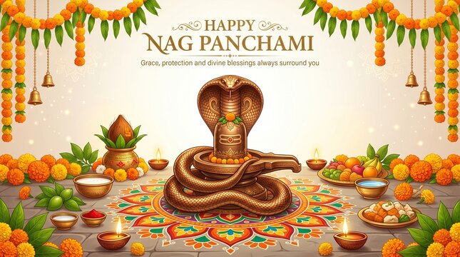 Festive digital illustration celebrating Nag Panchami. The layout features a central depiction of a cobra coiled around a Shiva Lingam, both rendered in a metallic bronze hue. Surrounding the central 
