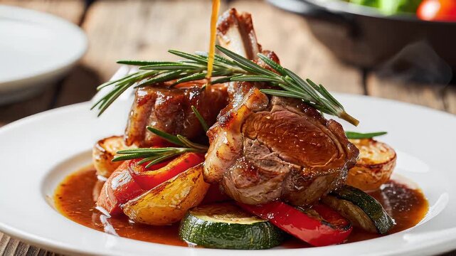Rich savory sauce poured over roasted lamb chops with vegetables. 4K Video