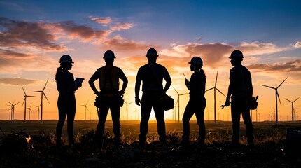 Obraz premium Sustainable Future: Engineers at Wind Farm Sunset Inspection