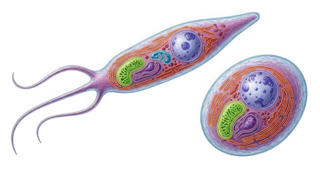Leishmania parasite cells showing promastigote and amastigote forms isolated on a transparent background