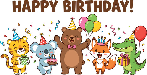 Fototapeta premium Happy birthday vector banner featuring cute cartoon animals tiger koala bear fox and crocodile celebrating with cake balloons gifts and confetti.