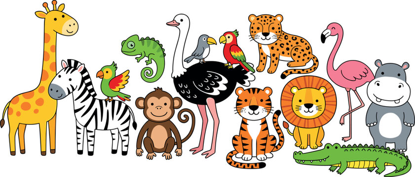 Cute cartoon safari jungle animals vector banner featuring giraffe zebra monkey ostrich tiger leopard lion flamingo hippo alligator isolated on white.
