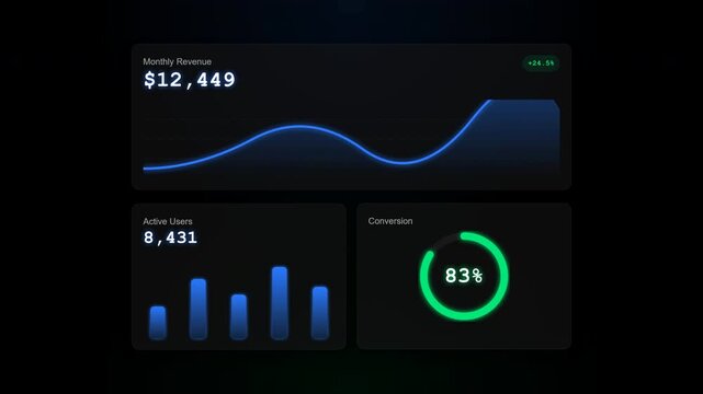 Digital dashboard interface with glowing blue line charts and neon circular progress indicators against a minimalist dark professional background theme