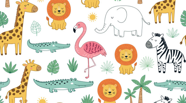 Cute cartoon safari jungle animals seamless pattern featuring giraffe lion elephant alligator flamingo zebra and tropical palm leaves on white background.