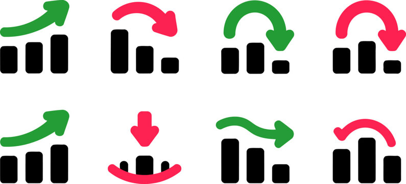 Set of eight bar chart icons with green and red arrows showing trends graph data