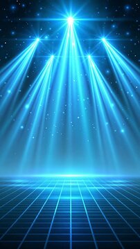 Blue stage spotlights illuminating a dark loop background, creating light beams and a glowing digital grid on the floor