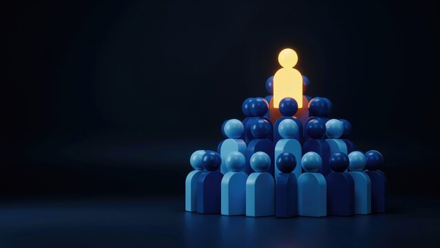 Glowing yellow leader figure atop a pyramid of blue people