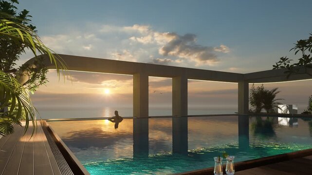 Woman relaxing in infinity pool at sunset
