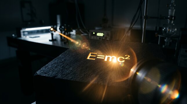 E mc2 equation on blackboard with laser light