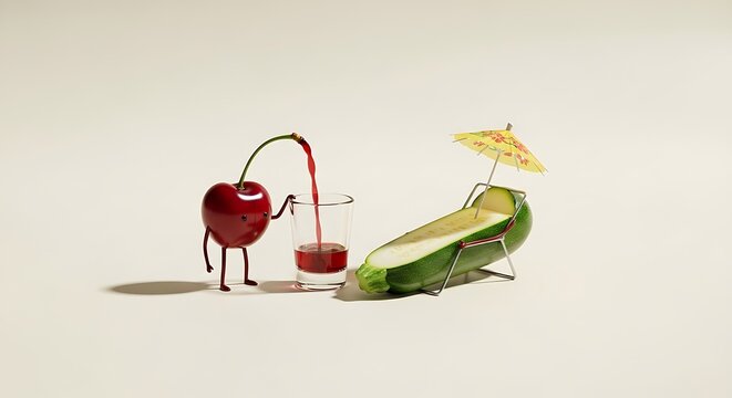 Cery atau anggur menuangkan minuman ke timun yang sedang bersantai berjemur dengan payung di musim panas. Ilustrasi buah buahan untuk kampanye makanan minuman sehat dan segar.