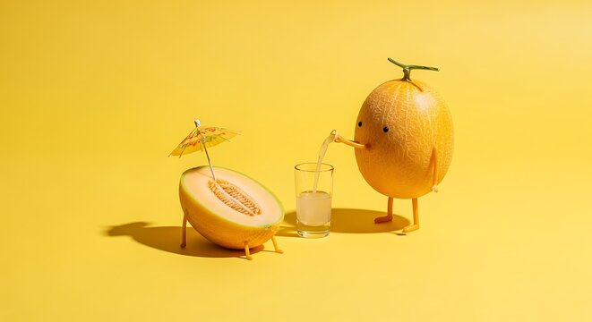 Playful cantaloupe melon characters enjoy a refreshing summer moment, one pouring juice for its friend relaxing under a tiny umbrella.