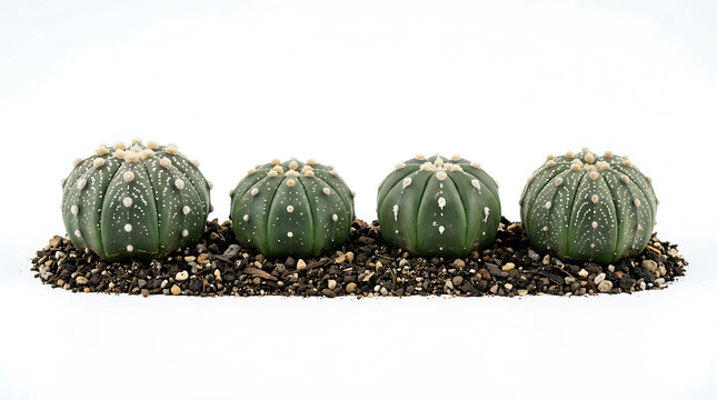 Four Round Astrophytum Asterias Cactus Plants Isolated on a Plain White Background