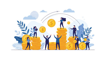 Fototapeta premium Ambitious professionals stand on tall stacks of gold dollar coins representing financial success and career advancement in business.