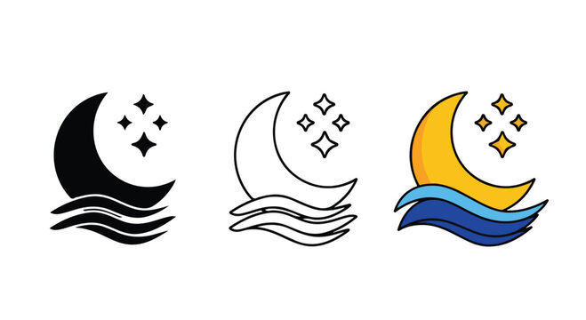 Stylized moon and star symbols with water waves in three different color variations representing night sky and water