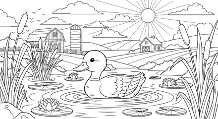 Coloring page shows a duck swimming on a pond with lily pads and cattails, set against a farm landscape with barns and rolling hills. © Ndjeo