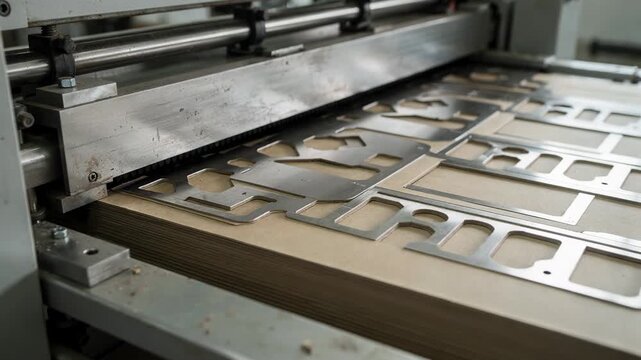Medium shot capturing intricate steel rule die cutting with complex window cutouts on printed paperboard blanks highlighting detailed craftsmanship.