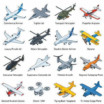 Isometric Collection of Various Civil and Military Aircraft Types