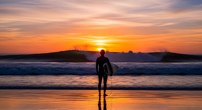 Surfer standing on the beach holding a surfboard at sunset with a breaking wave in the background