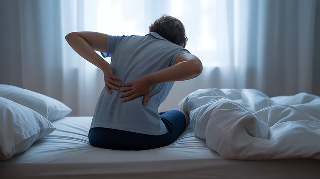man suffering from back pain from bad night sleep 
