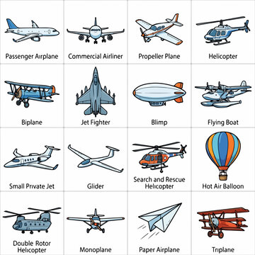 Illustrated collection of sixteen different types of aircraft