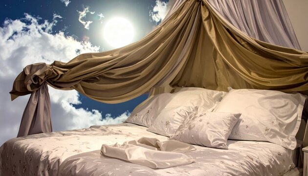 Elegant canopy bed featuring flowing gold and white silk fabric with a surreal backdrop of a bright full moon and clouds, ideal for a dreamlike design project.