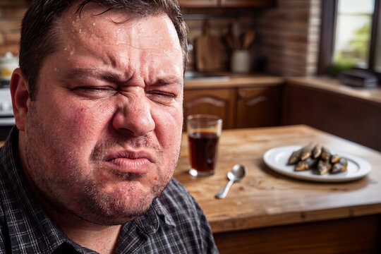 A man grimacing in disgust and making a sour face with fish on a plate on the table in the background