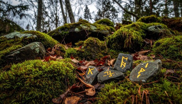 Collection of small runestones exhibiting Norse runic script arranged haphazardly amongst mossy rocks and fallen leaves in a forest setting.