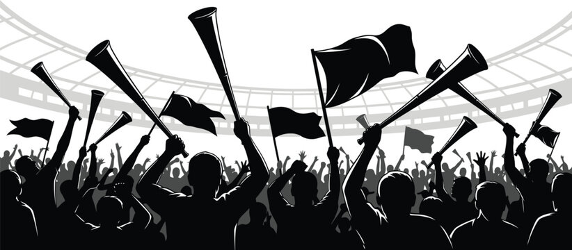 Black silhouette of cheering sports fans with megaphones and flags on white background