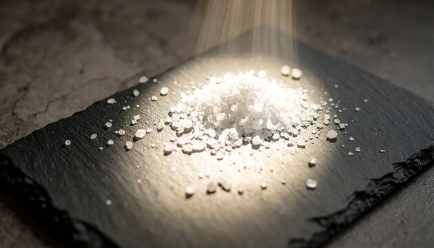 Fine white crystalline flakes of sodium chloride table salt artfully scattered on a dark slate surface with dramatic lighting
