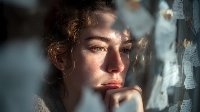 Portrait de femme pensive face au doute, &agrave; l&rsquo;incertitude, aux questions int&eacute;rieures