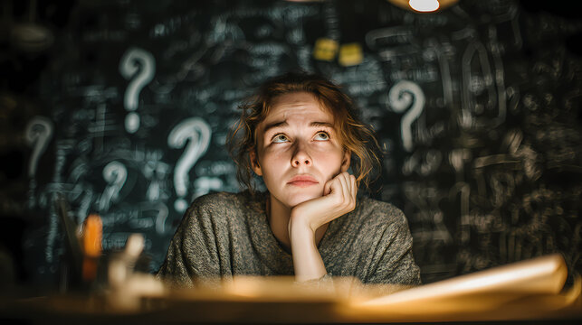 Femme r&ecirc;veuse devant les questions du pourquoi, du comment et de l&rsquo;incertitude int&eacute;rieure