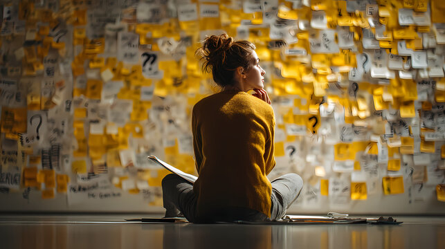 Femme assise devant un mur de questions, entre r&eacute;flexion silencieuse, doute et incertitude