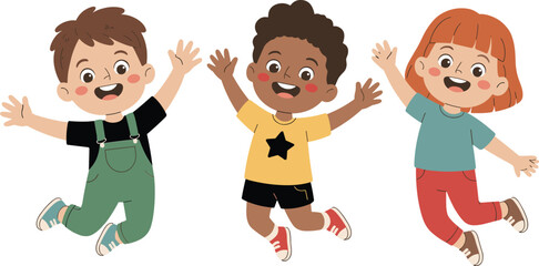 Happy children jumping together illustration, cute diverse kids playing and celebrating friendship vector cartoon artwork © Billal