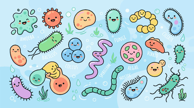 Set of cute colorful cartoon bacteria and virus characters.