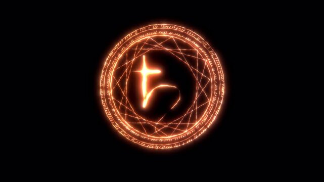 Magical Fire Spell Circle on Black Background with Glowing Arcane Runes, Mystic Summoning Portal and Cinematic Fantasy VFX Animation Loop