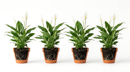 Fototapeta premium Four Isolated Peace Lily Plants in Clay Pots with Visible Roots on White Background