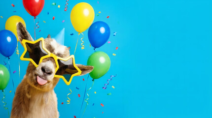Naklejka premium Funny Baby Goat Wearing Star Glasses and Party Hat with Colorful Balloons on Blue Background