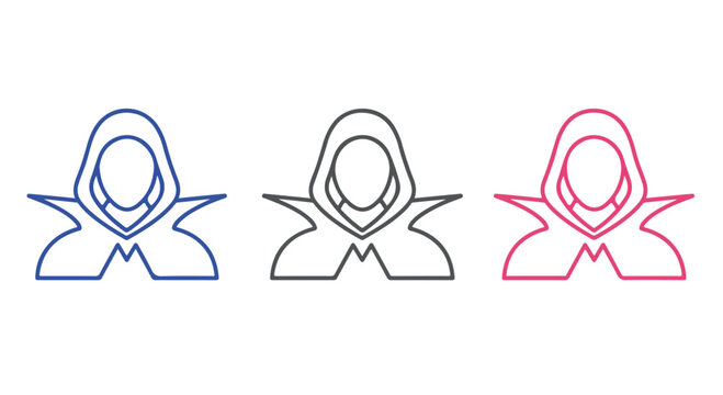 Minimalist line art illustration of a person wearing a hijab in three different color styles on a white background