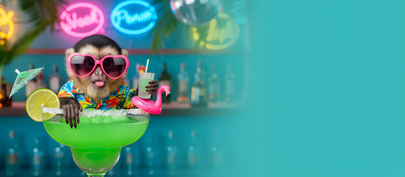 Funny Monkey Wearing Heart Sunglasses and Hawaiian Shirt Drinking Cocktail on Tropical Bar Background