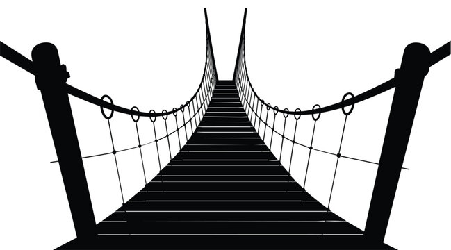 Suspension bridge perspective silhouette illustration, dramatic hanging footbridge with cables isolated vector design element