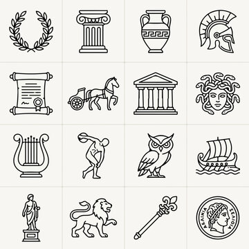 Set of Ancient Greek History and Mythology Line Icons